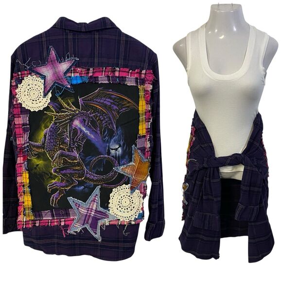 Upcycled Flannel Shirt Shacket Womens XL Dragon Grunge Purple Patchwork Folk Art - Picture 1 of 14